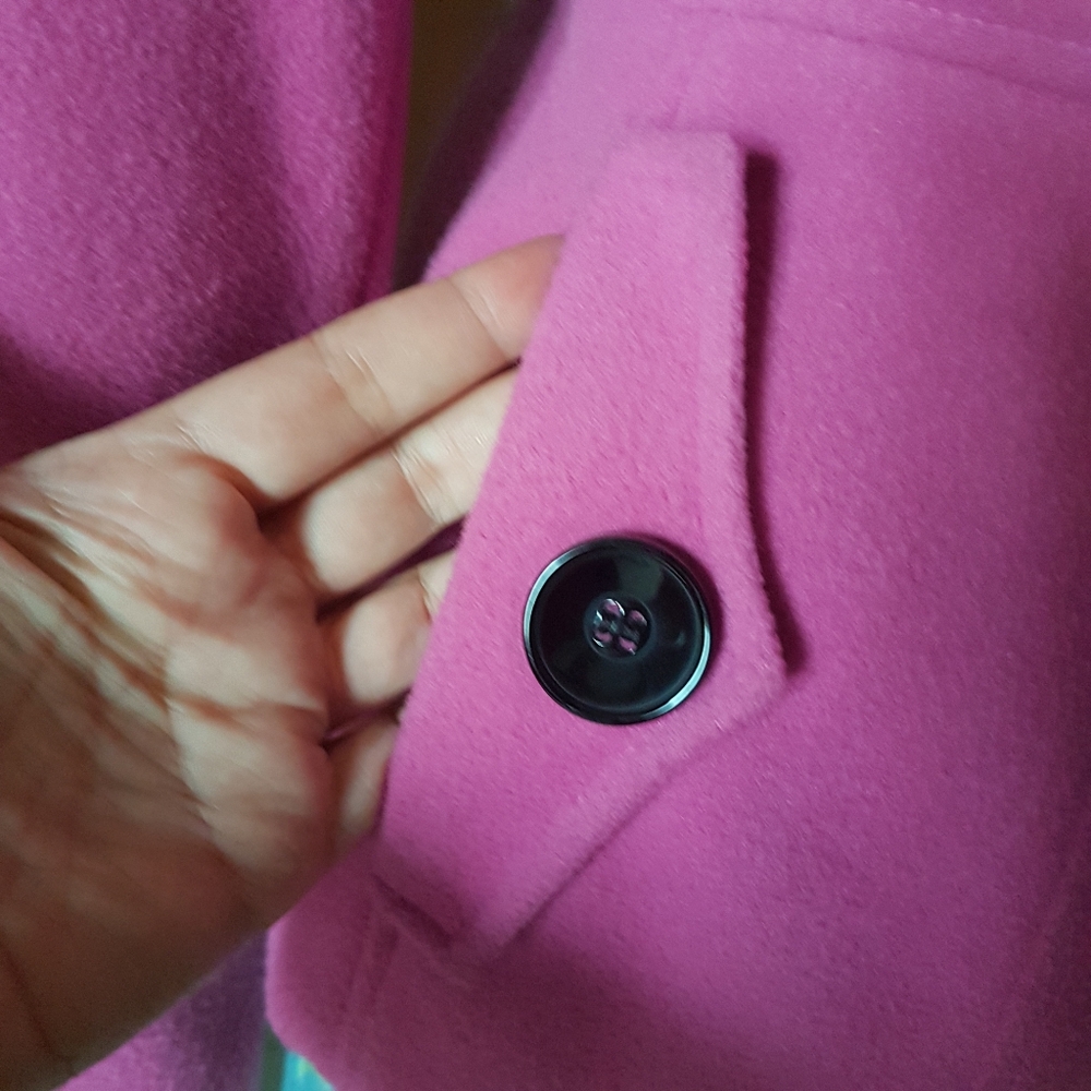 Fuchsia Pink Double Breasted Pea Coat with Black Buttons from London - Picture 7 of 17